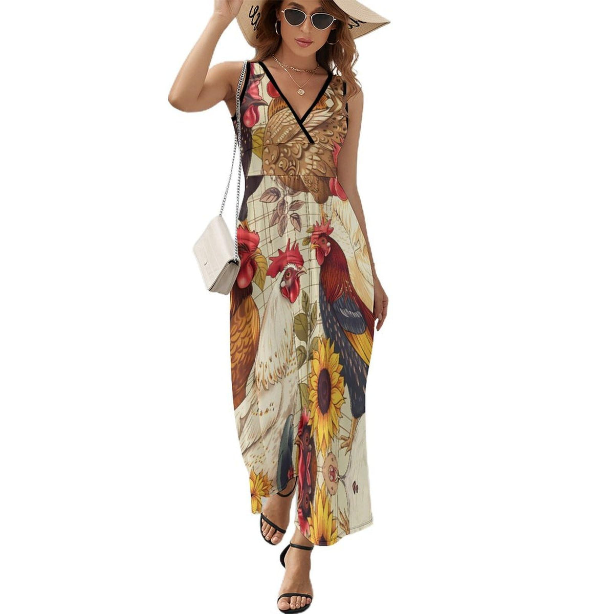 Robe longue sans manches à imprimé poules de ferme et tournesols pour femme, col en V, style décontracté.