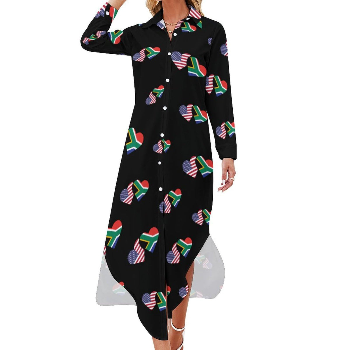 Robe-chemise fantaisie pour femme avec drapeau américain et imprimé Afrique du Sud, manches longues, fendue, boutonnée